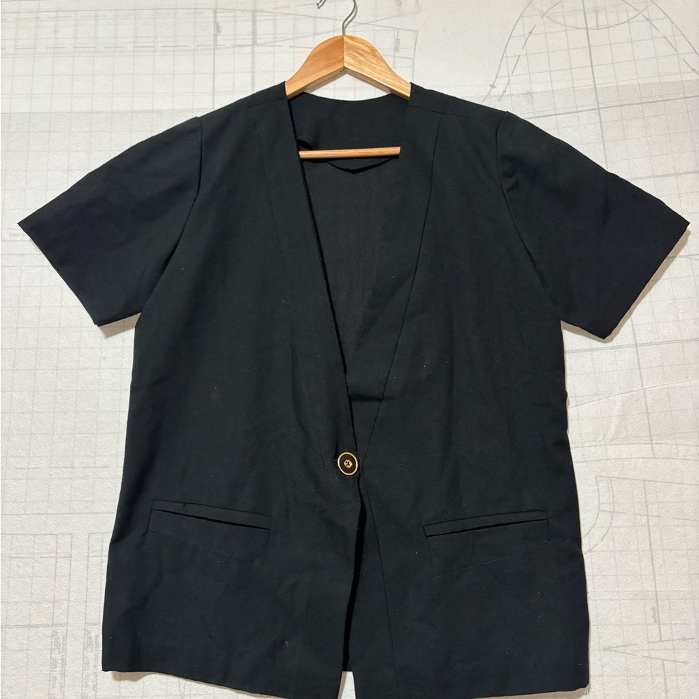 Womens Vintage One Button Padded Shoulder Blazer  Black Size Large Linen